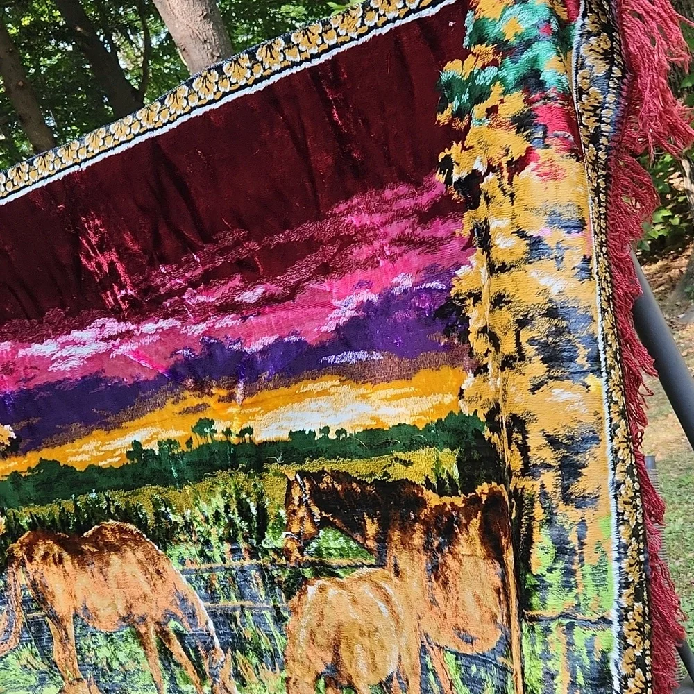 Vintage Large western Equestrian Woven wall hanging or throw rug With Fringe